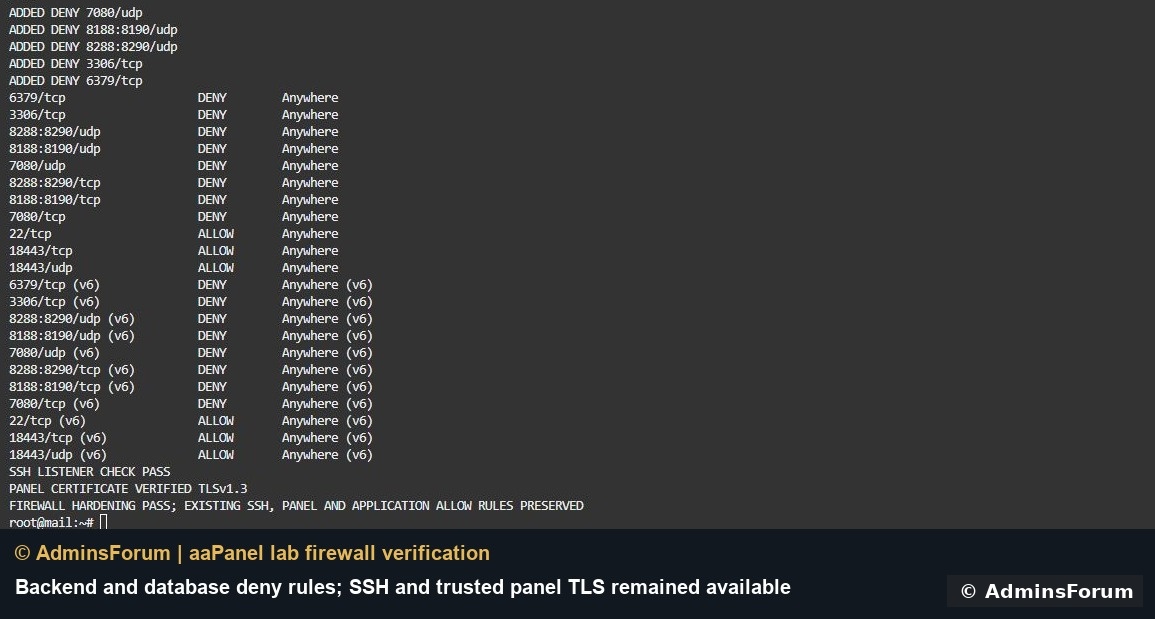 Original lab result: explicit backend/database denies in both address families, with SSH and panel rules preserved.