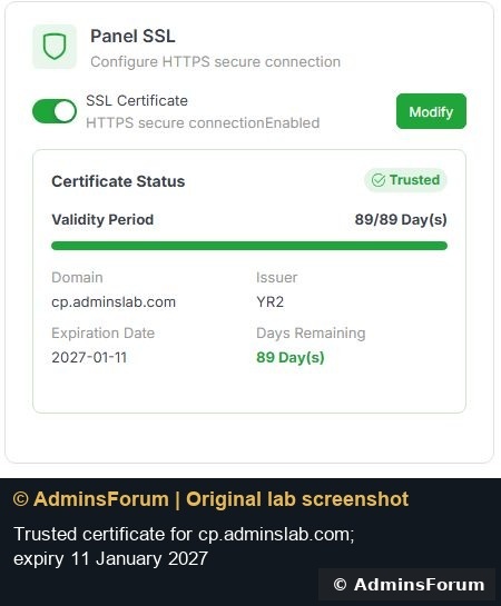 The lab panel uses a trusted certificate for cp.adminslab.com. The private login entrance is intentionally omitted.