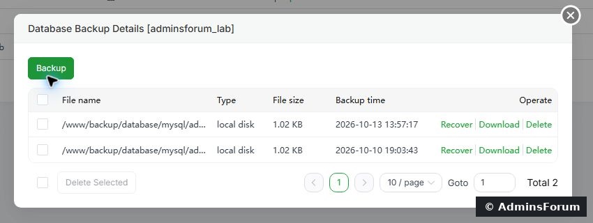 Our pre-import backup appeared in the list before we continued. Backup creation alone is not a tested restore.