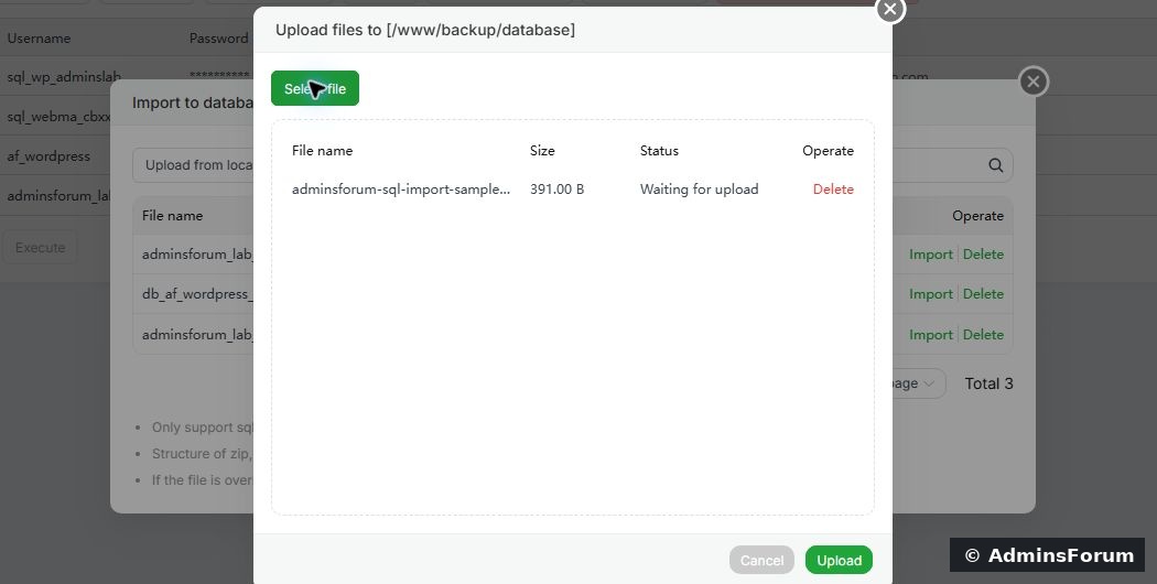 The sample file is selected in the upload dialog. Complete the upload before starting Import.