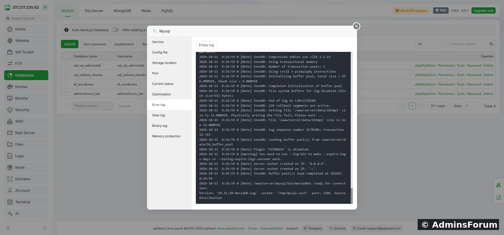 Our log contains startup information and a ready for connections message. That message is historical; the import and Current status checks provide the additional evidence that the lab is responding now.