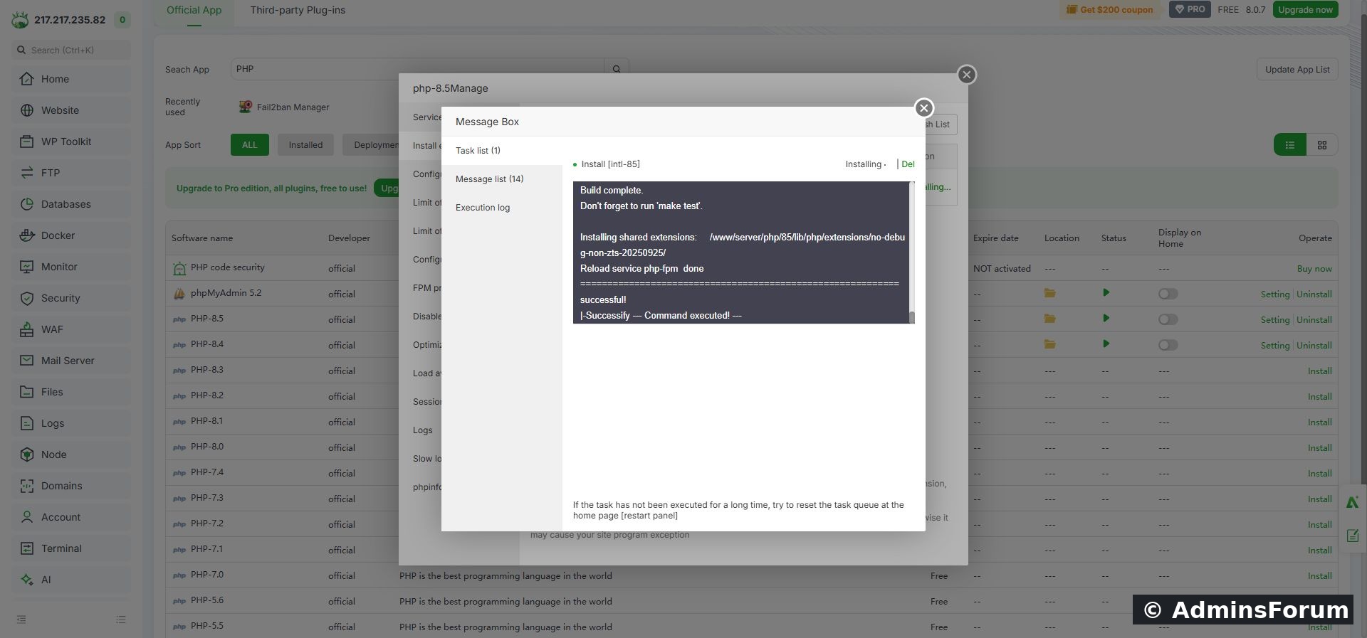 Completed installer log from the PHP 8.5 lab. A queued task alone is not proof of success.