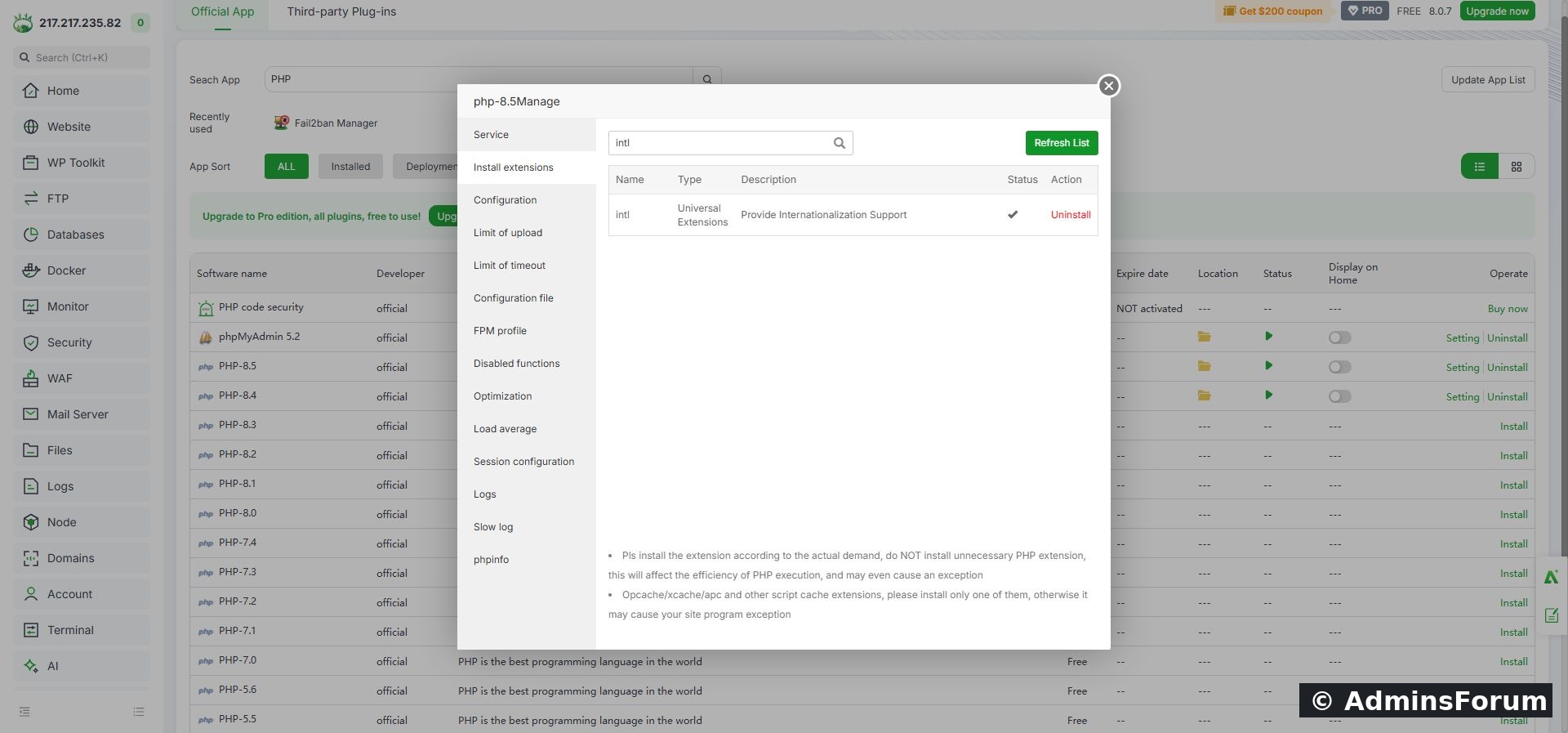 Intl installed for PHP 8.5. Leave the Uninstall control untouched.