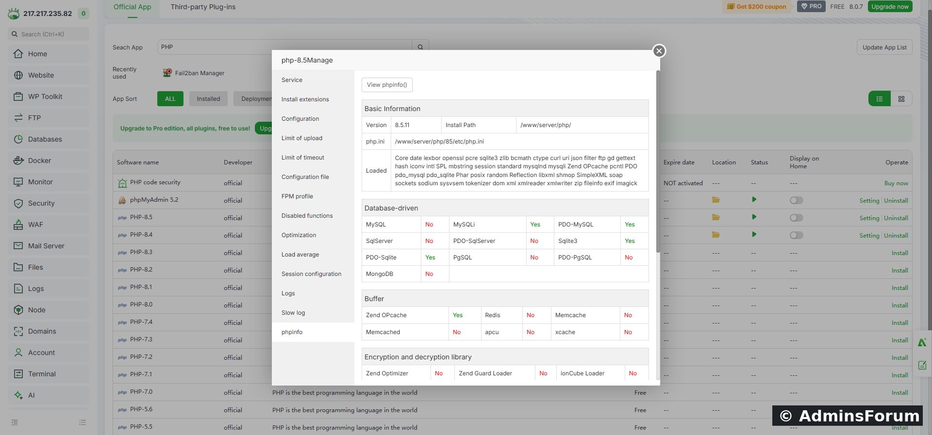 The PHP information screen lists intl among loaded extensions.