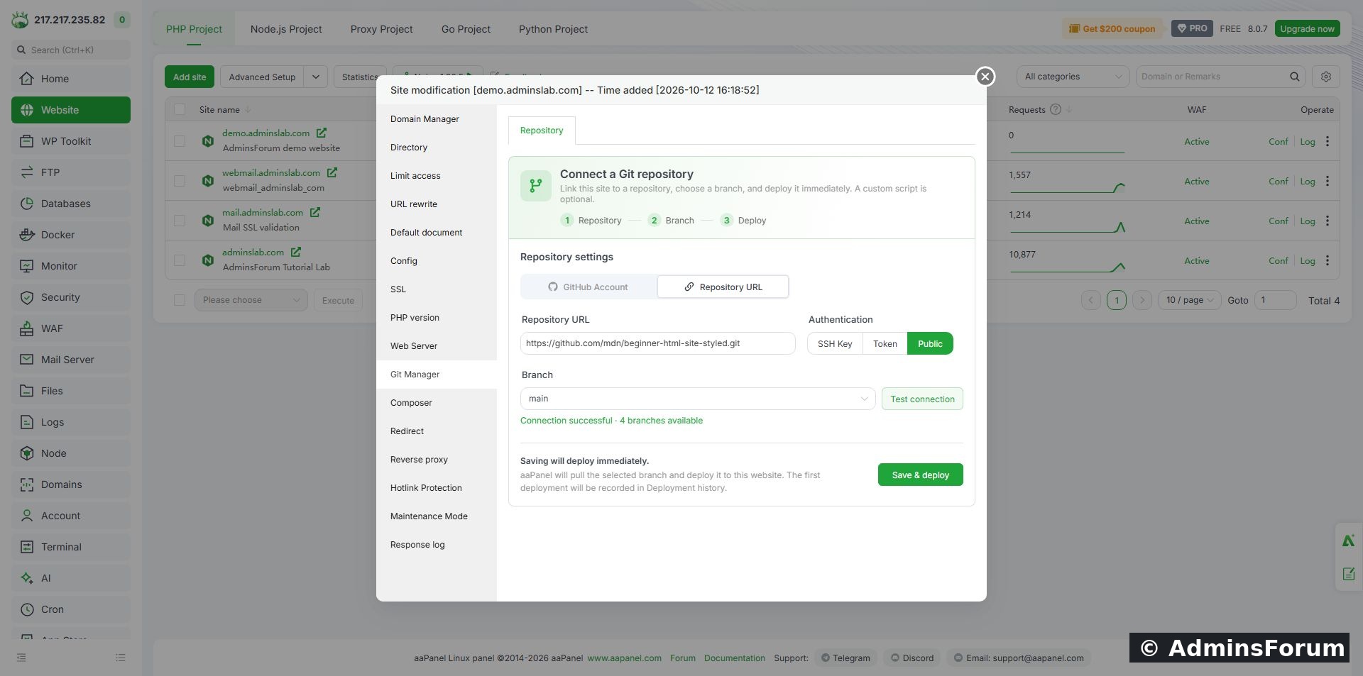 Successful public-repository connection, with main selected before deployment.