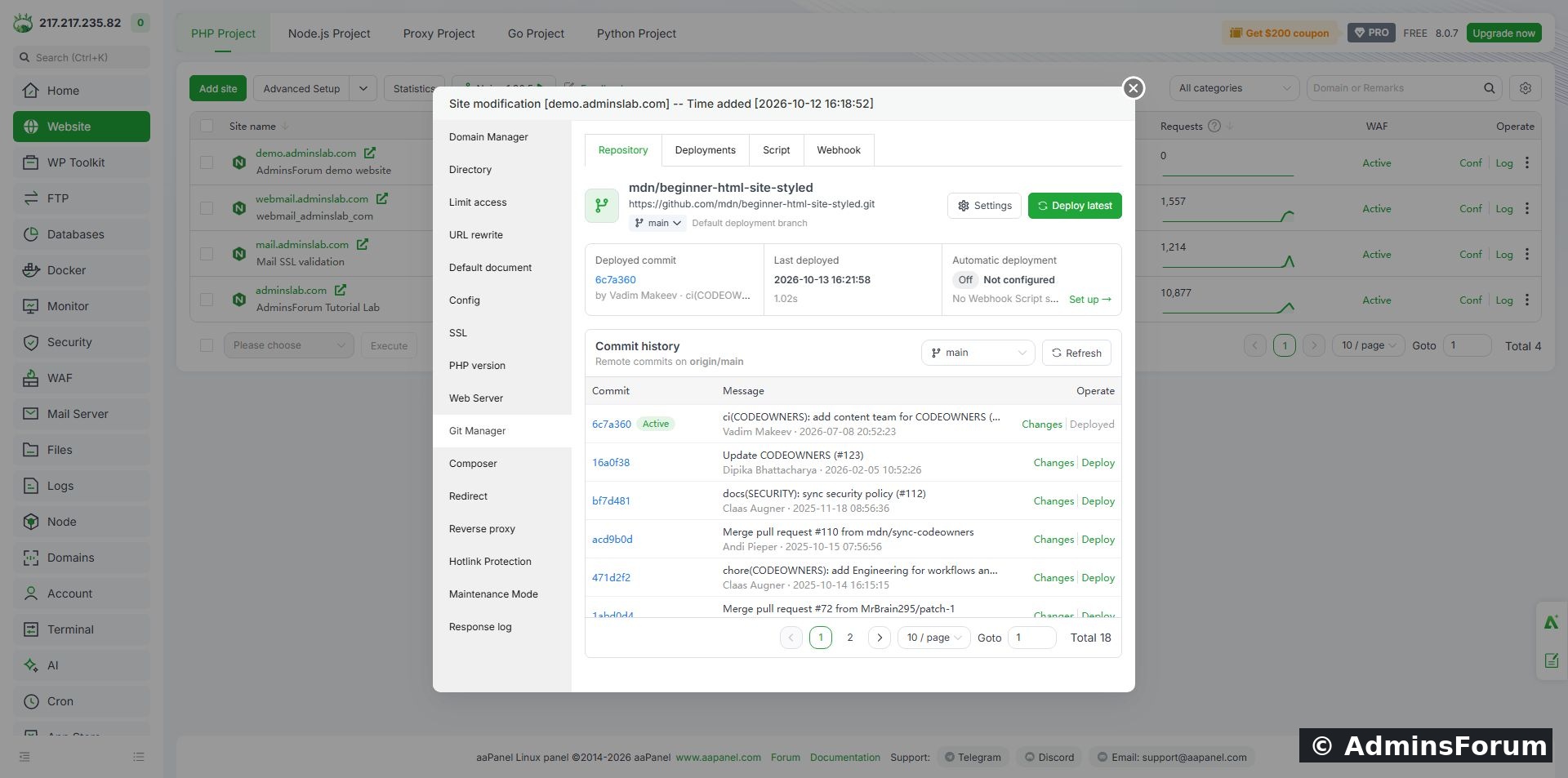 Connected repository and active commit after deployment.