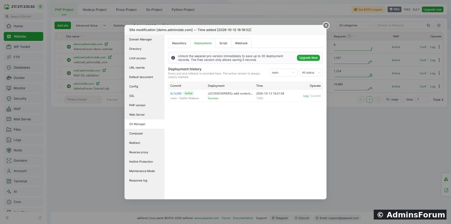 Deployment history records the tested commit as Success and Active.