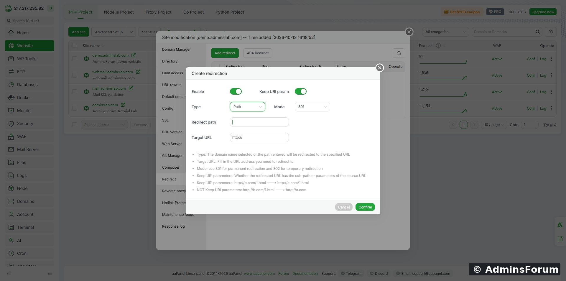 A path-specific 301 rule before saving. Use your own hostname and the correct replacement page.