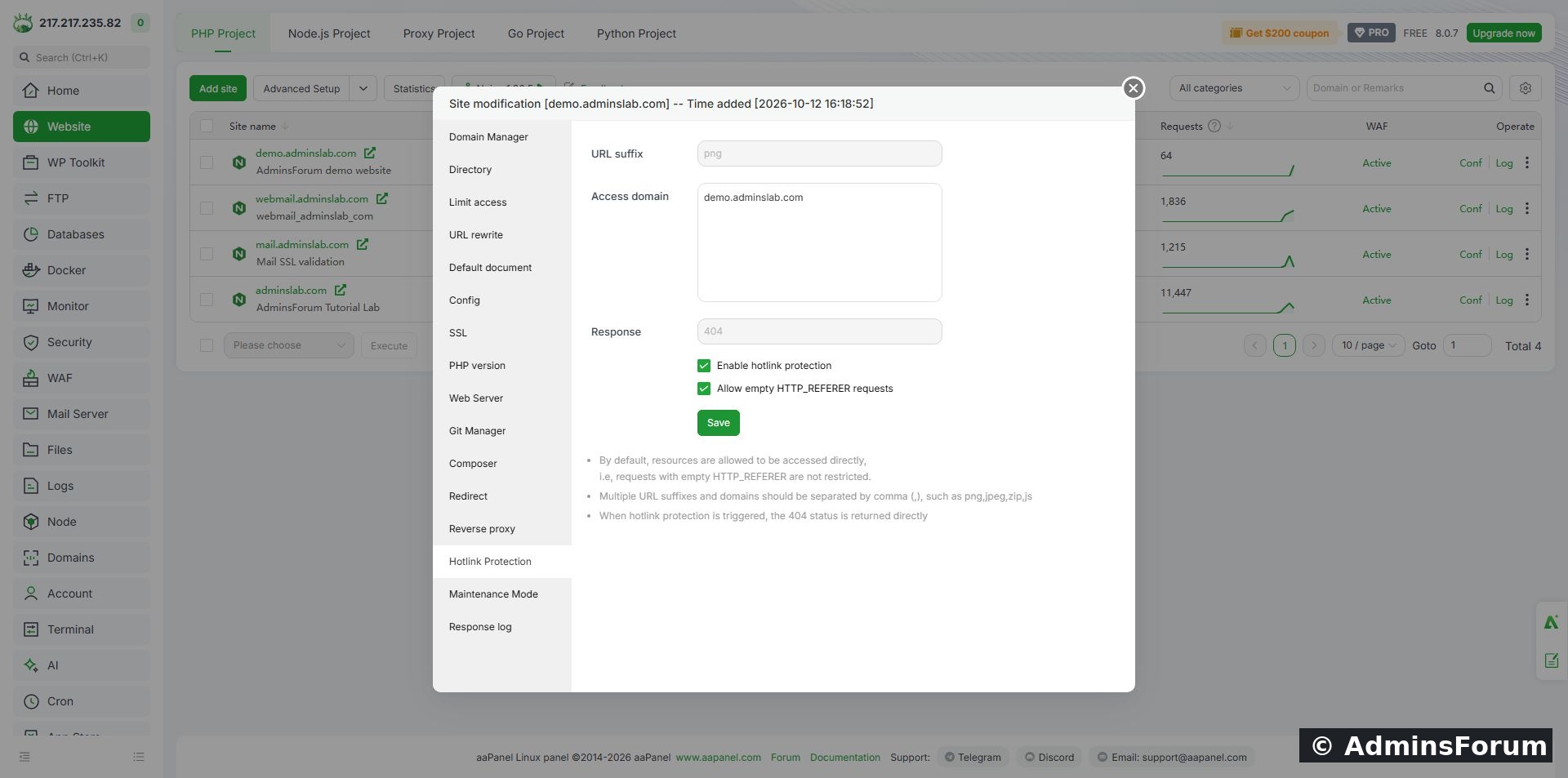 PNG-only protection enabled, demo hostname allowed, and empty-referrer requests allowed.