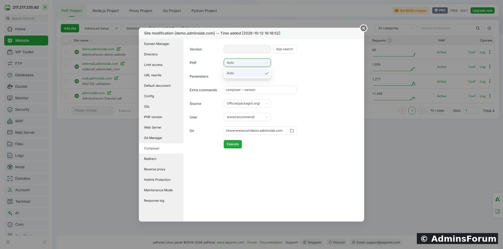 Inspected Composer controls. This screenshot does not prove that the submitted command completed.