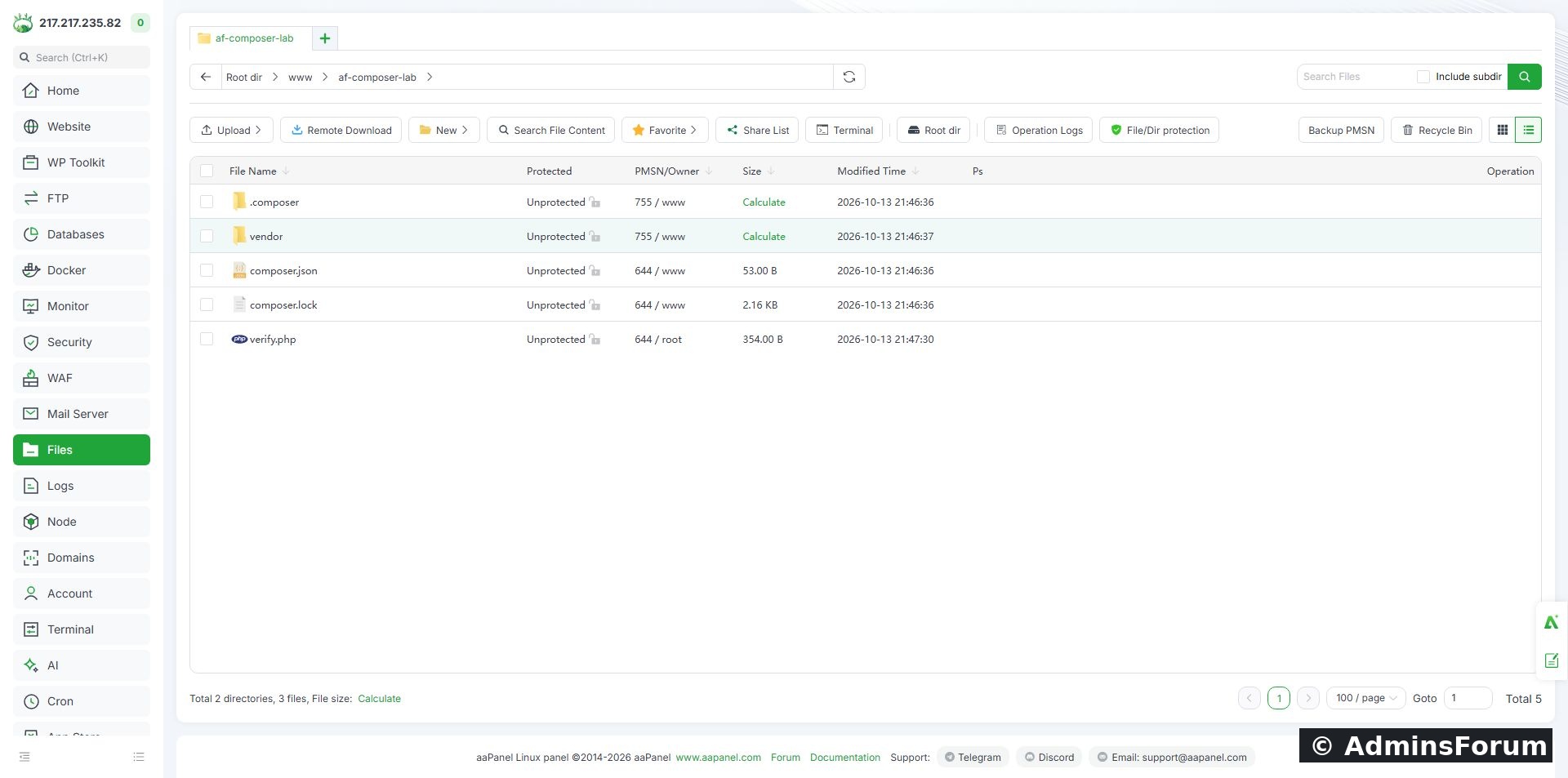 Actual files produced in the isolated project directory. verify.php was our additional CLI-only test file.