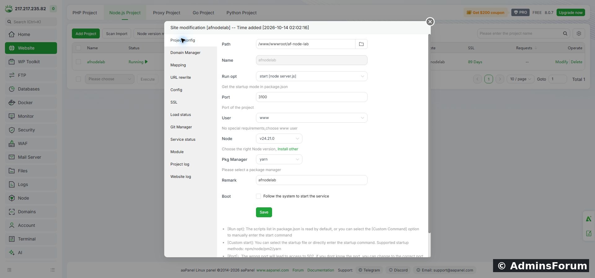 Final project configuration: app folder, start script, runtime, port and www user.