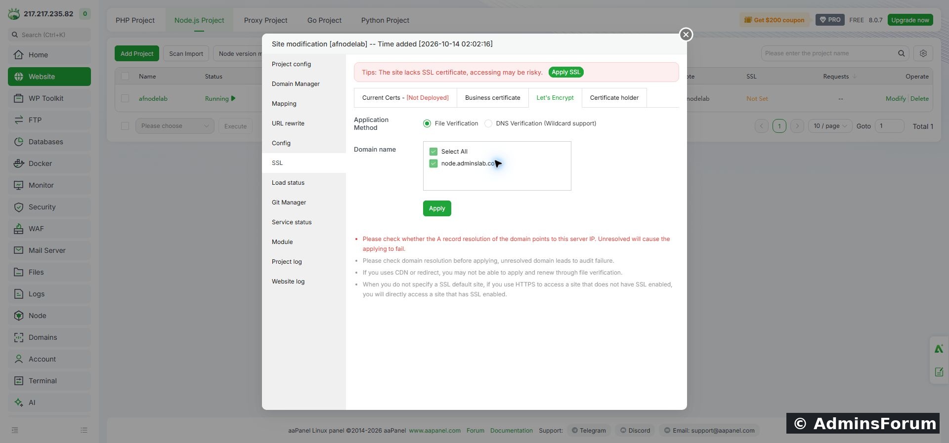 Select the mapped hostname for Let's Encrypt file verification.