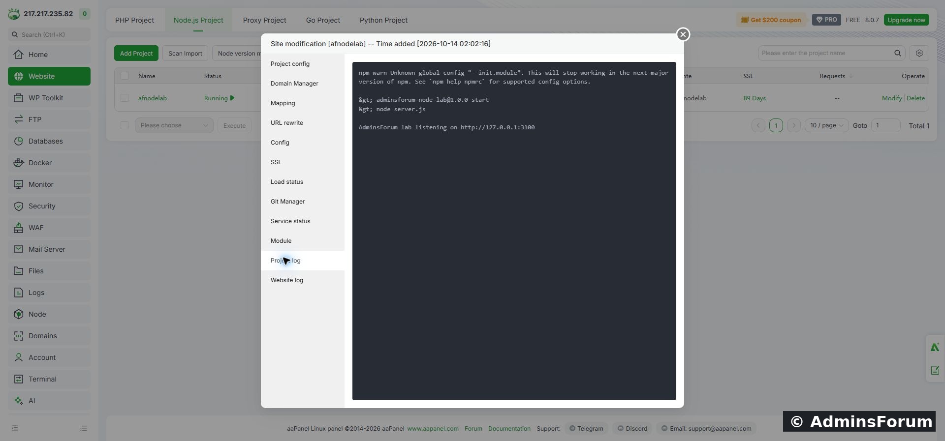The application startup log confirms the local listening address.