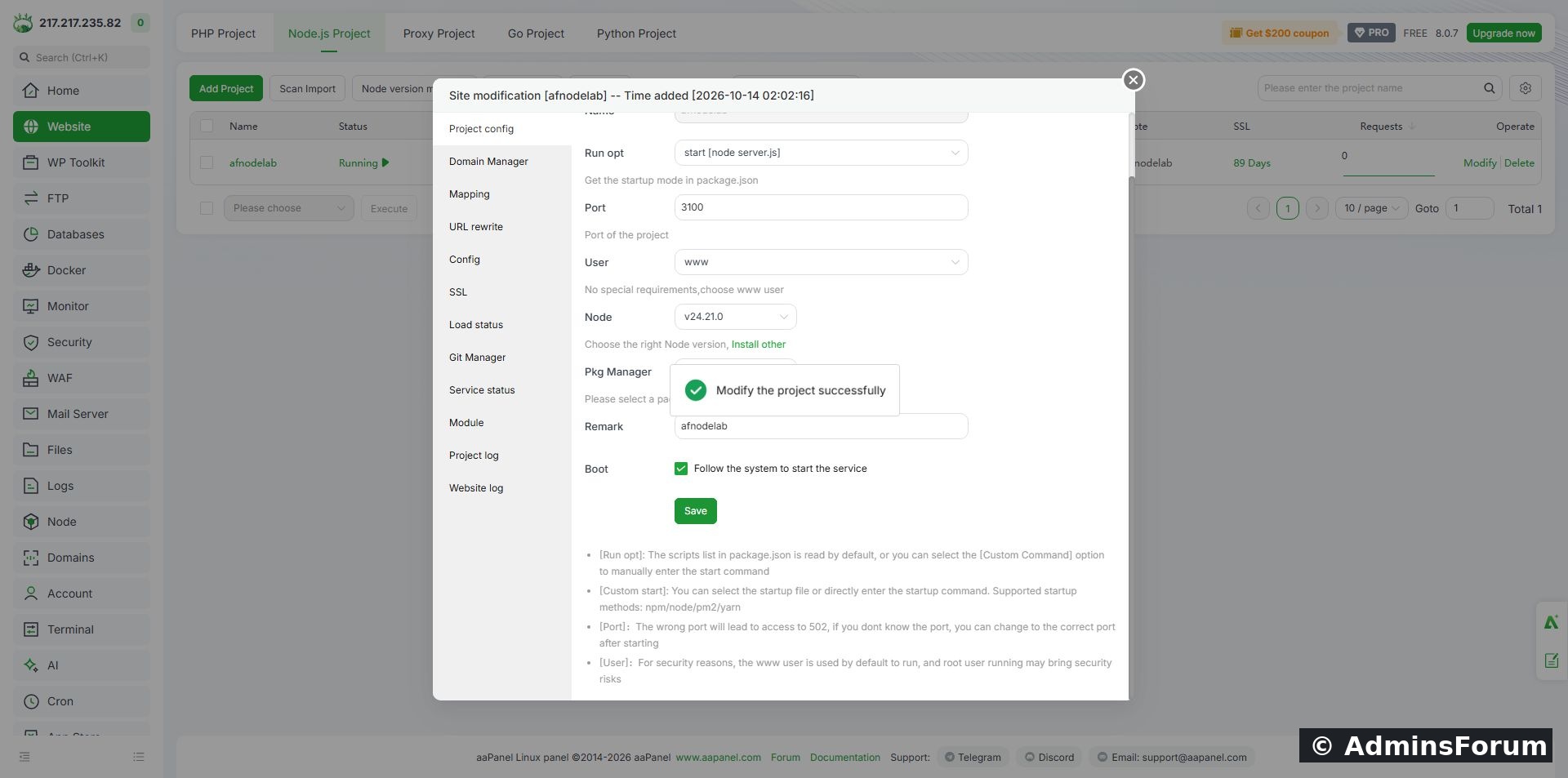The Boot checkbox is enabled for afnodelab and saved successfully.