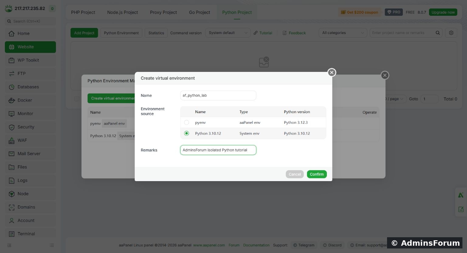 Create virtual environment: name, source interpreter and tutorial remark.