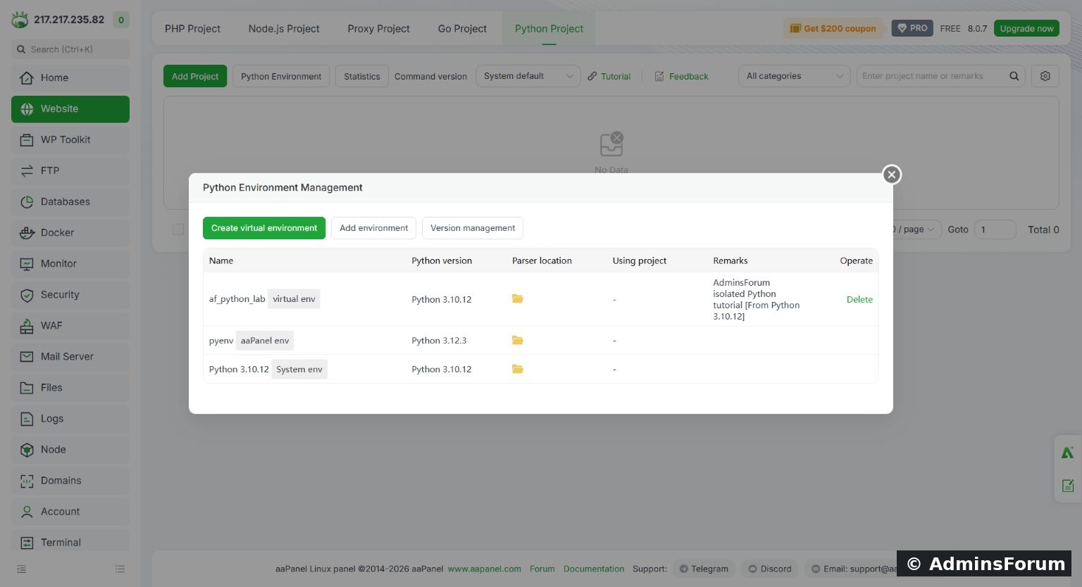 The new environment is listed separately from the panel and system environments.