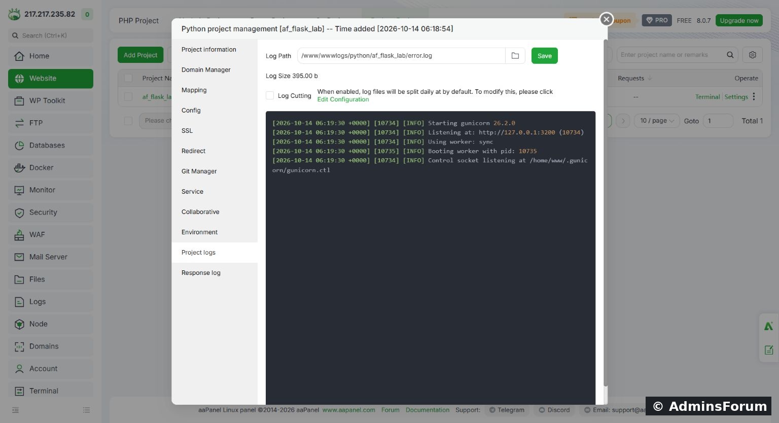 Actual Gunicorn startup output for the sample project.