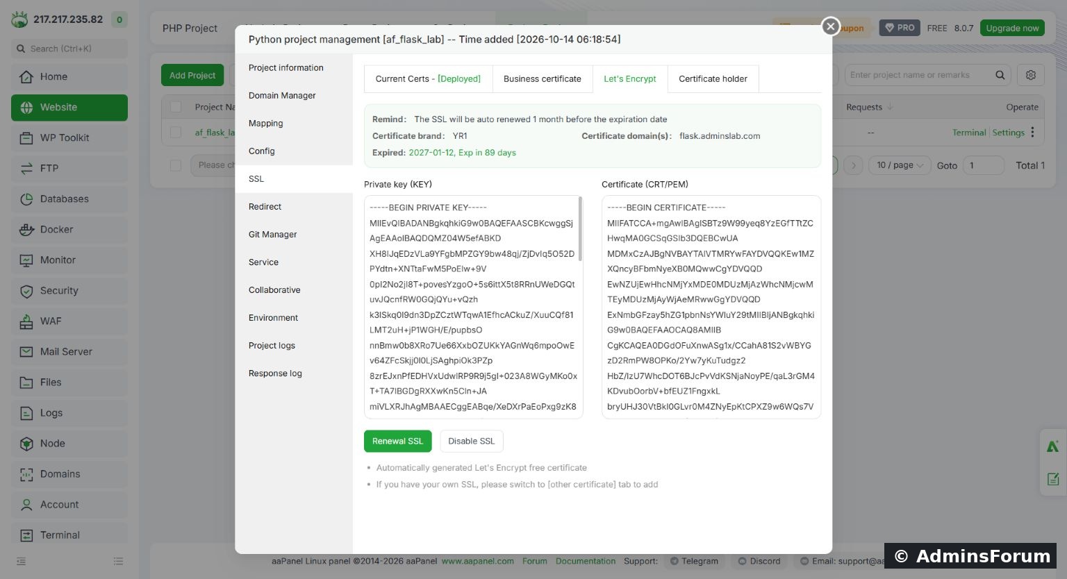The Python project's mapping routes website traffic through Nginx to the local application port.