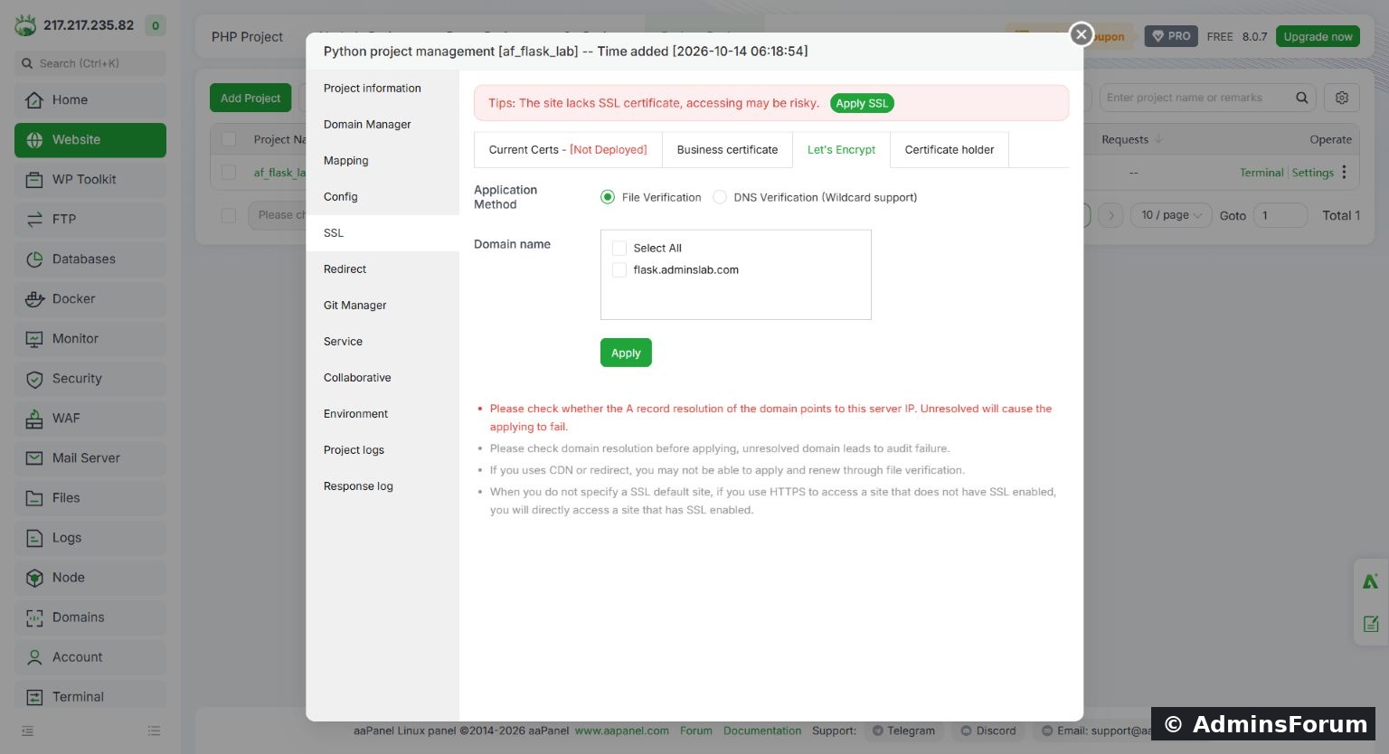 Select only the hostname that resolves to this project before applying for its certificate.