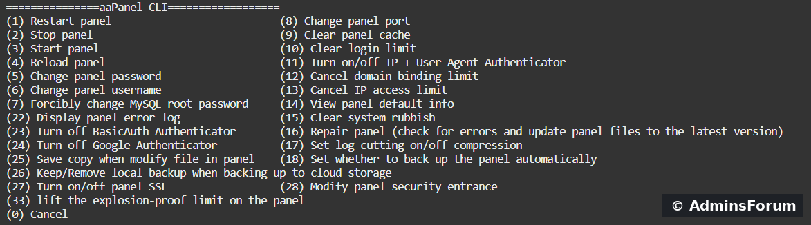 The full aaPanel CLI menu. Options shown here match the menu we inspected on our aaPanel Free 8.0.7 lab; labels and numbers can change between releases.
