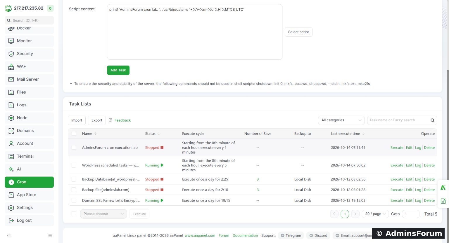The completed test task is stopped, so its one-minute schedule no longer keeps running.