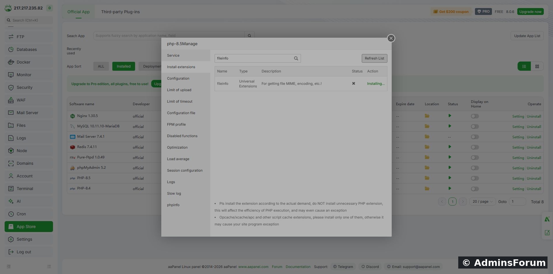 AdminsForum lab: fileinfo now has an Uninstall action. The runtime test below also confirmed it was actually loaded.