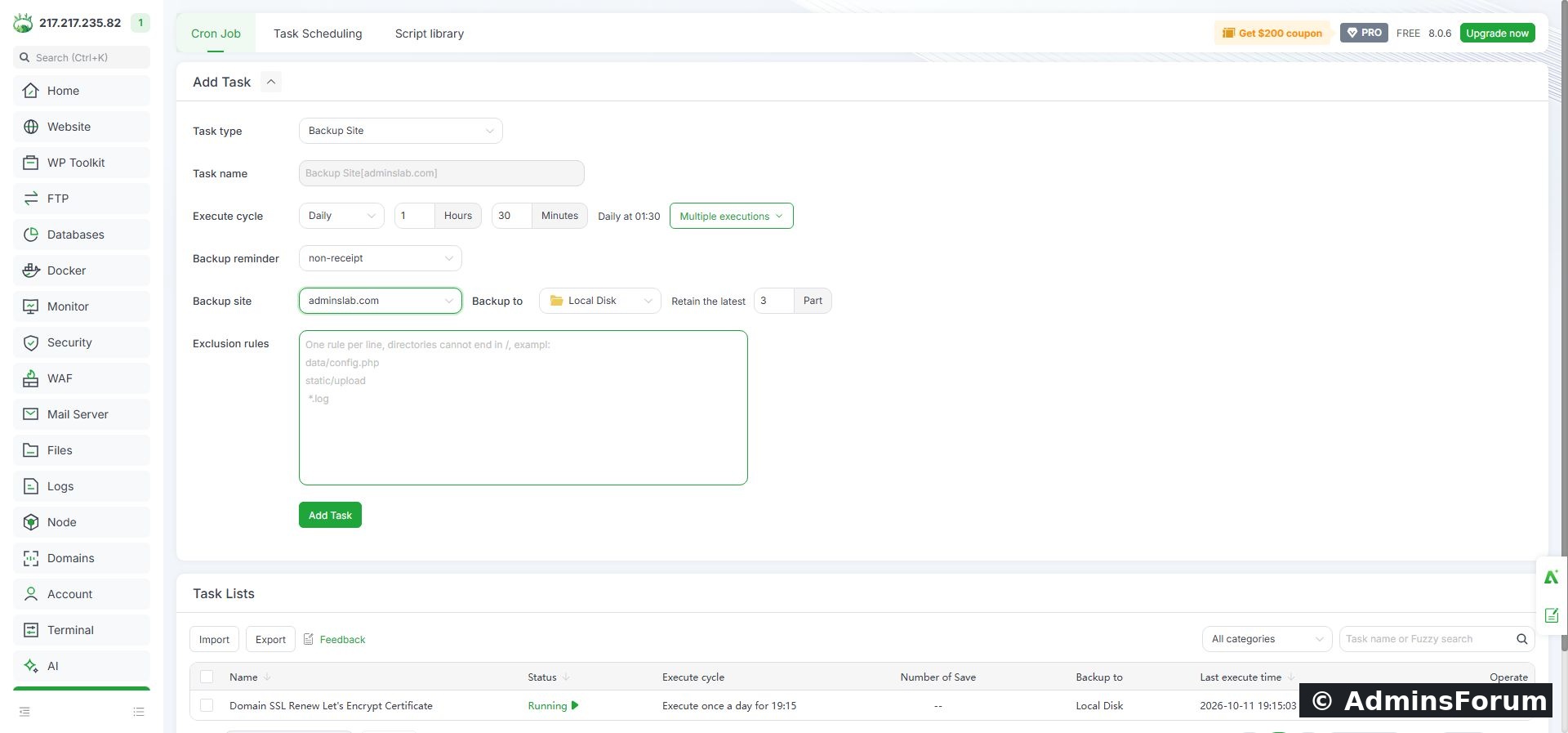 AdminsForum lab: the website backup settings before creating the task.
