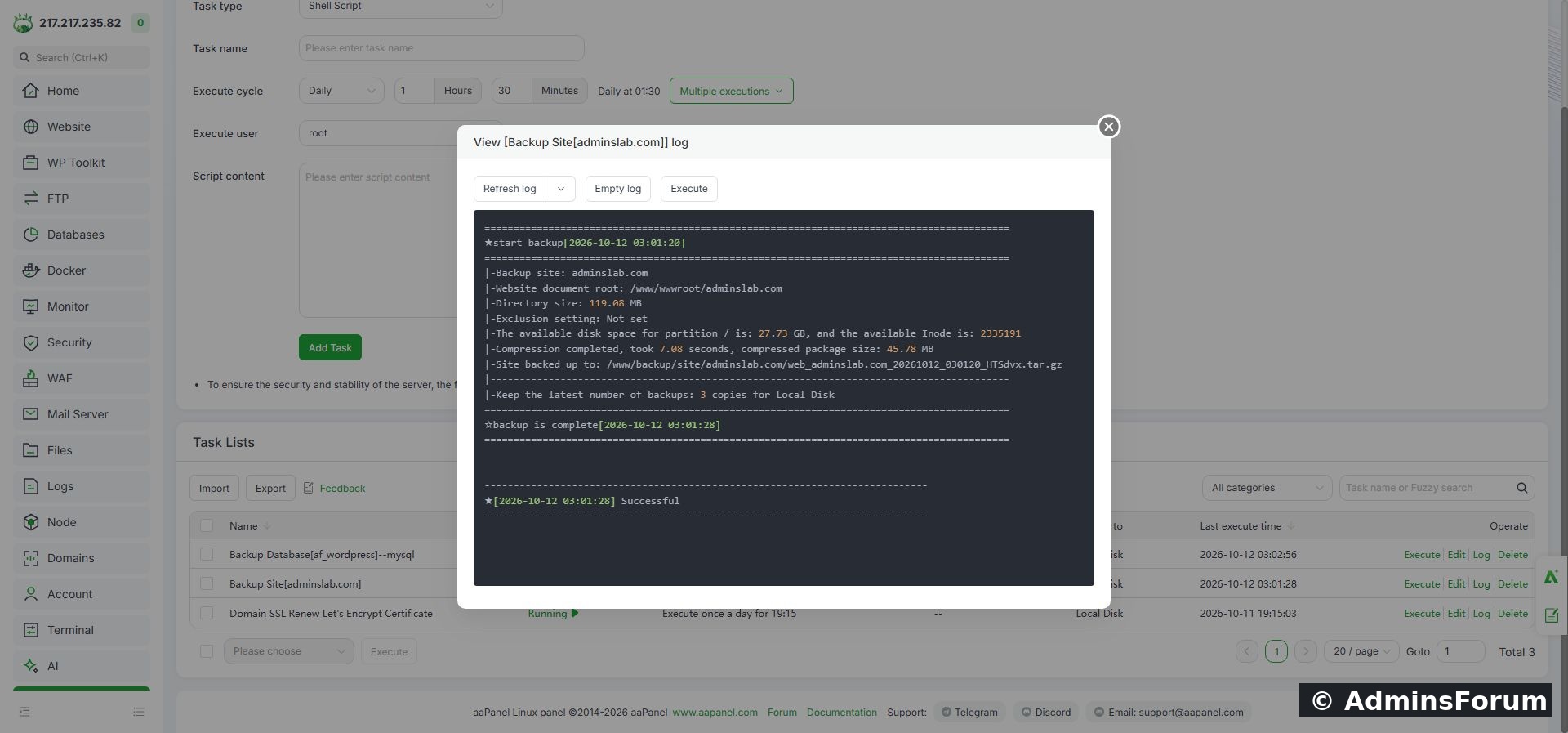 AdminsForum lab: successful first backup, including the archive path, size and retention setting.