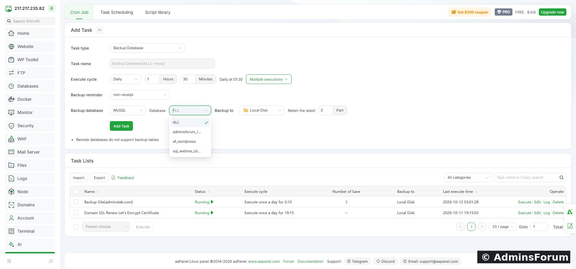 AdminsForum lab: the selected WordPress database, daily schedule, local destination and copy count.