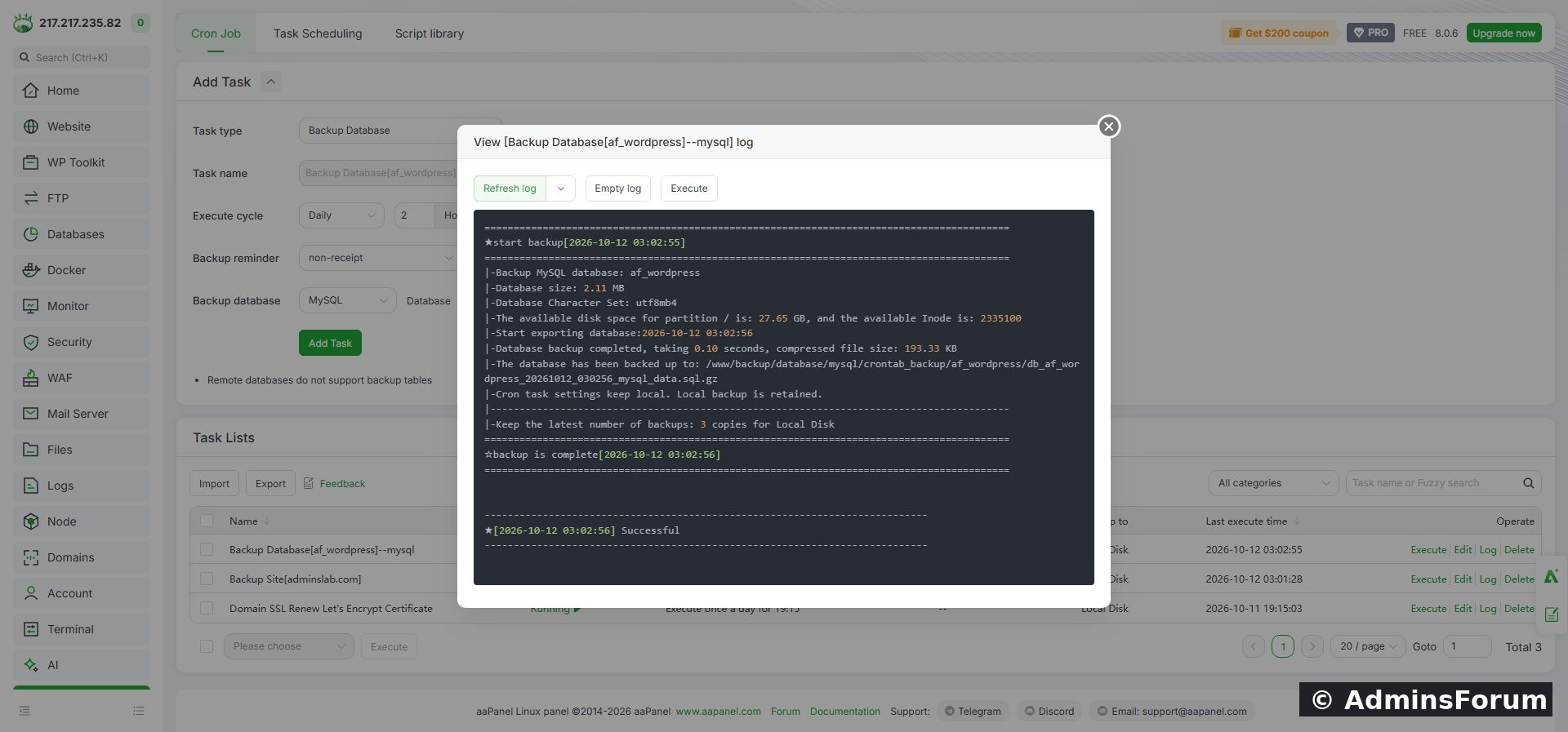 AdminsForum lab: successful database export, compressed size, output path and retention result.