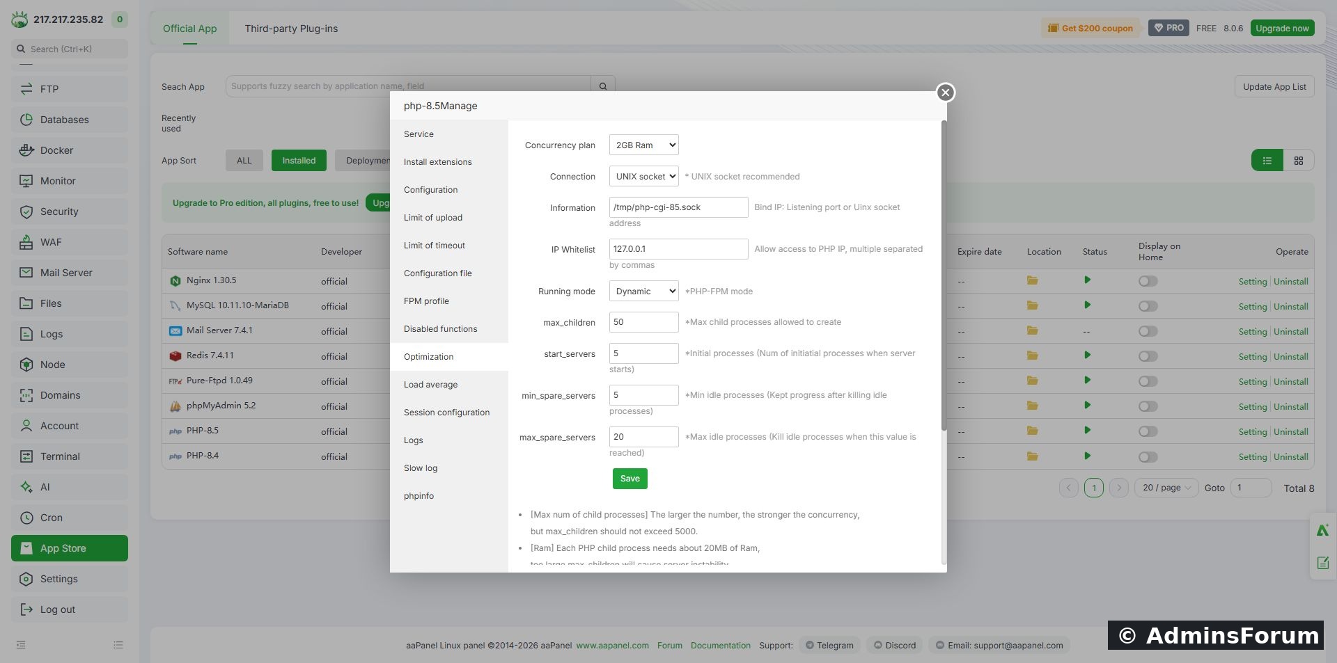 AdminsForum lab: the PHP-FPM settings screen. The displayed preset and numbers are not a benchmarked recommendation for other servers.