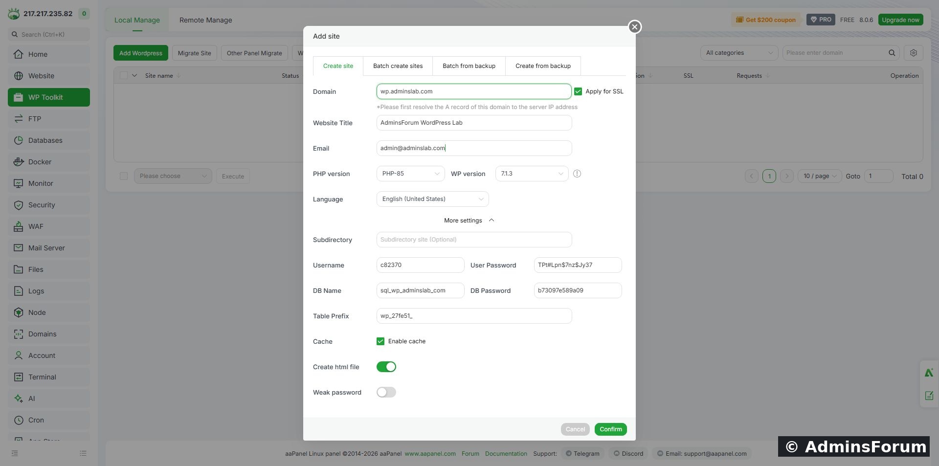 AdminsForum lab: the new-site form. The private credential fields are not shown.