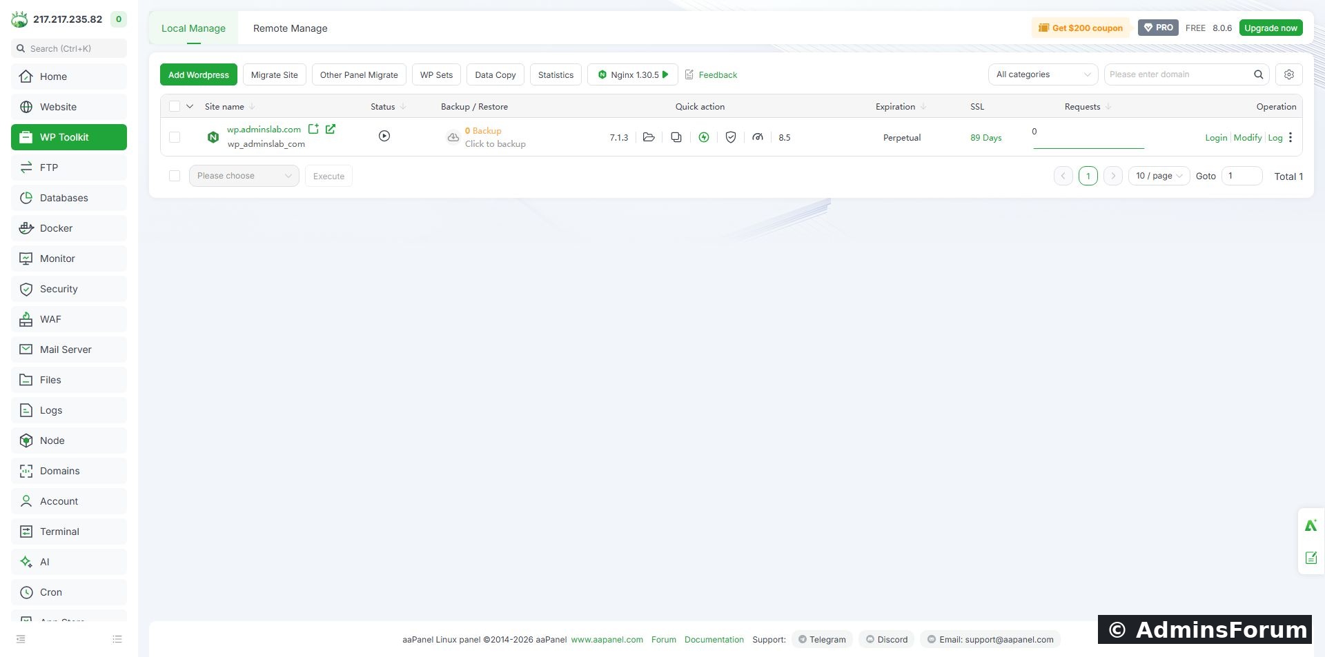 AdminsForum lab: the installed website in WP Toolkit, with WordPress/PHP versions and SSL status.