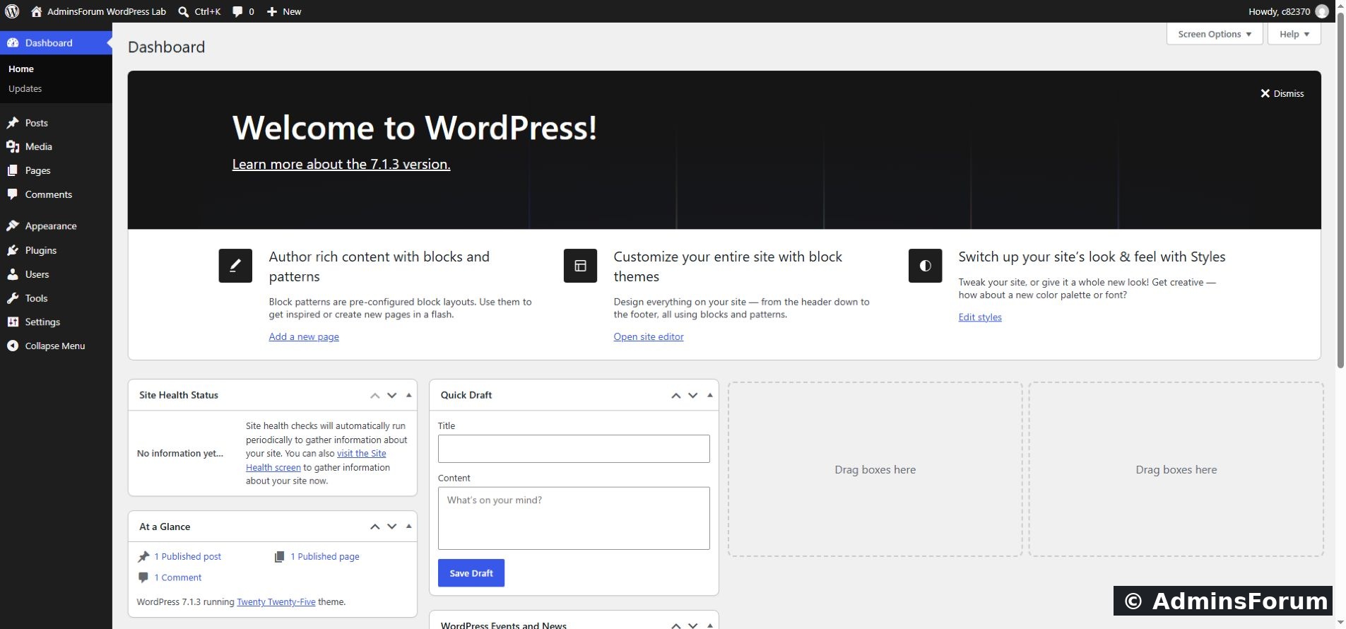 AdminsForum lab: authenticated WordPress dashboard after a successful normal login.