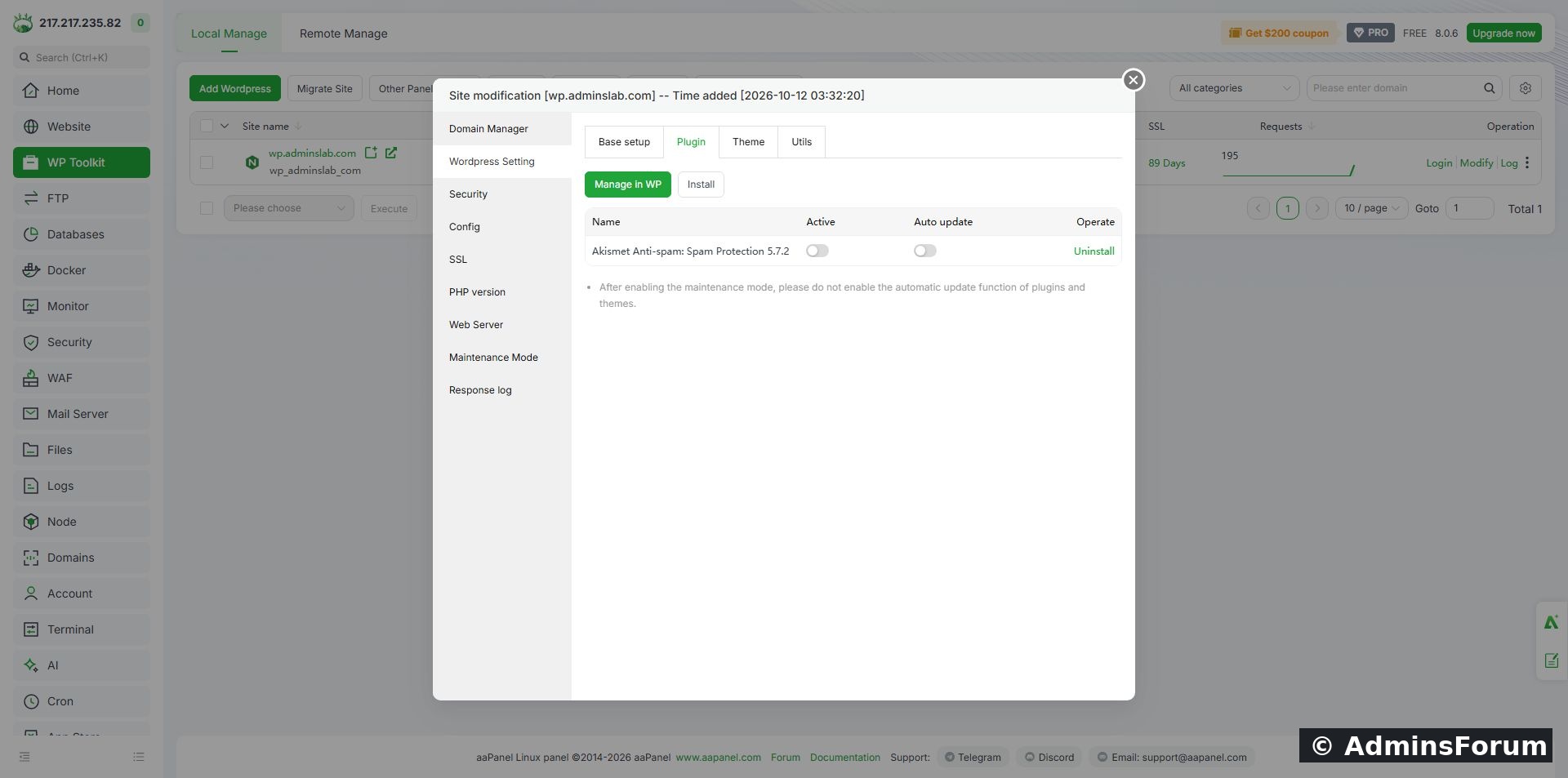 The Plugin tab before our installation. Existing plugins have separate Active and Auto update switches.