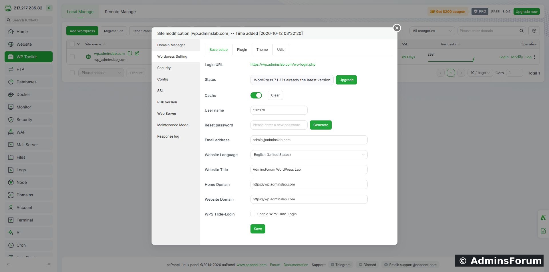 The installed version and status reported by WP Toolkit. The new-password field is empty; checking updates does not require changing your password.