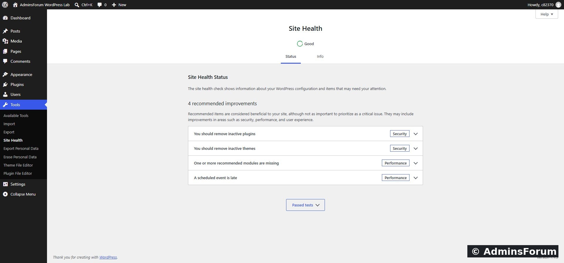 Our finished Status screen: Good, with four recommended improvements.
