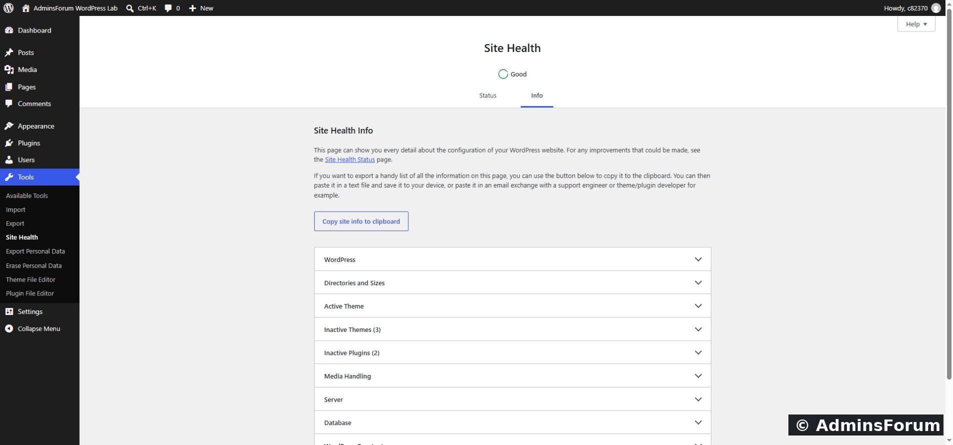 The Info tab groups technical details into sections. Open only the section relevant to your question.