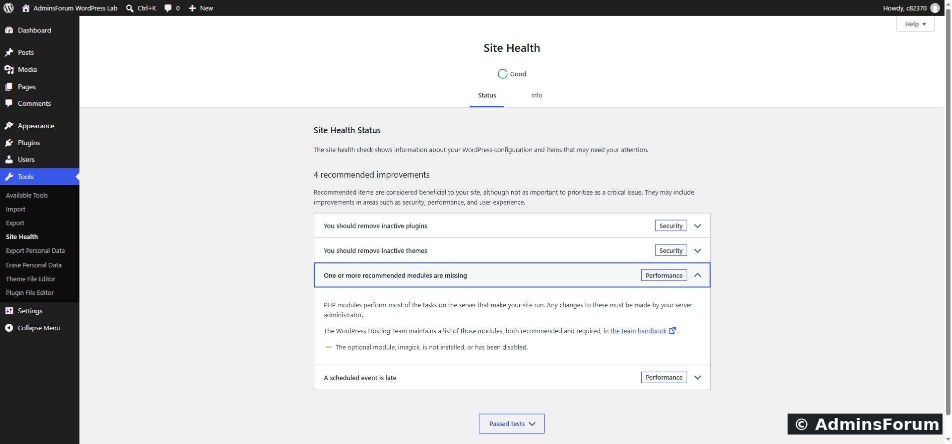 After our installation, WordPress listed only imagick. The EXIF warning was gone.