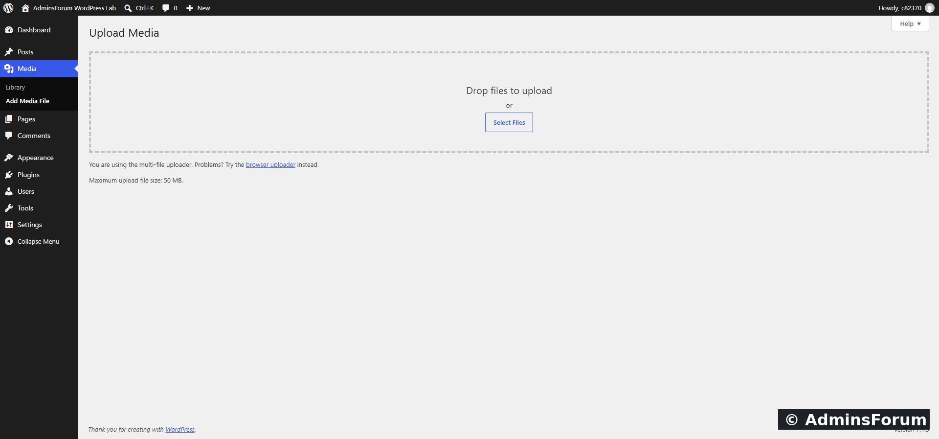 WordPress’s upload screen on our lab. Your server may have a different limit.