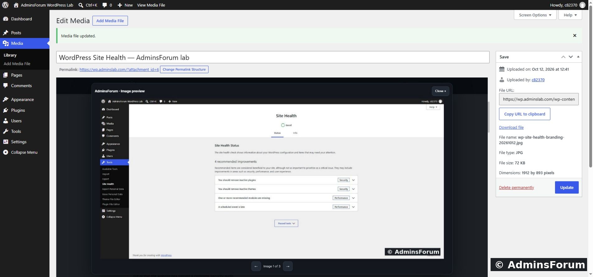 Saved attachment details, file type, size, dimensions and File URL.