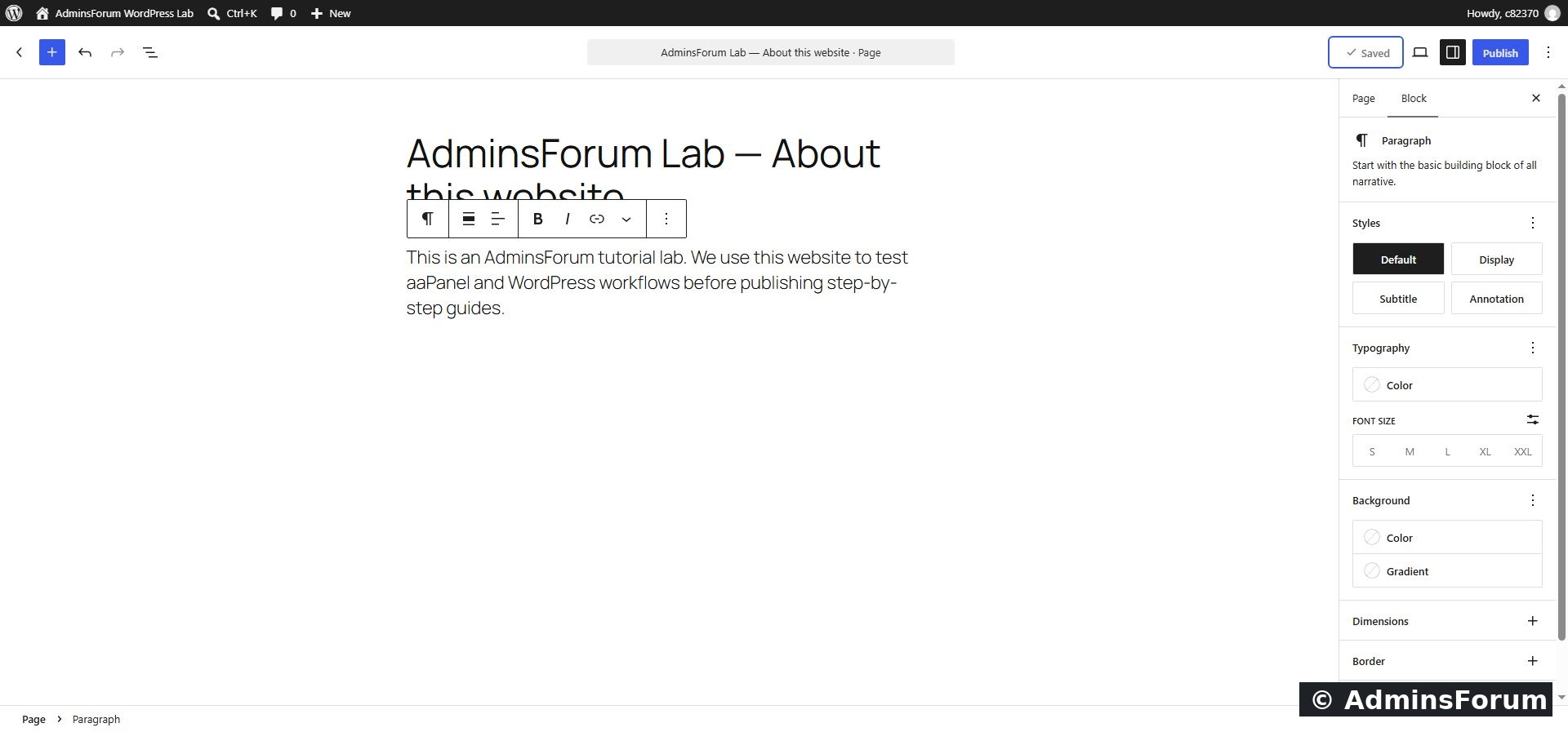 Our saved draft contains a title and paragraph. The page has not been published.