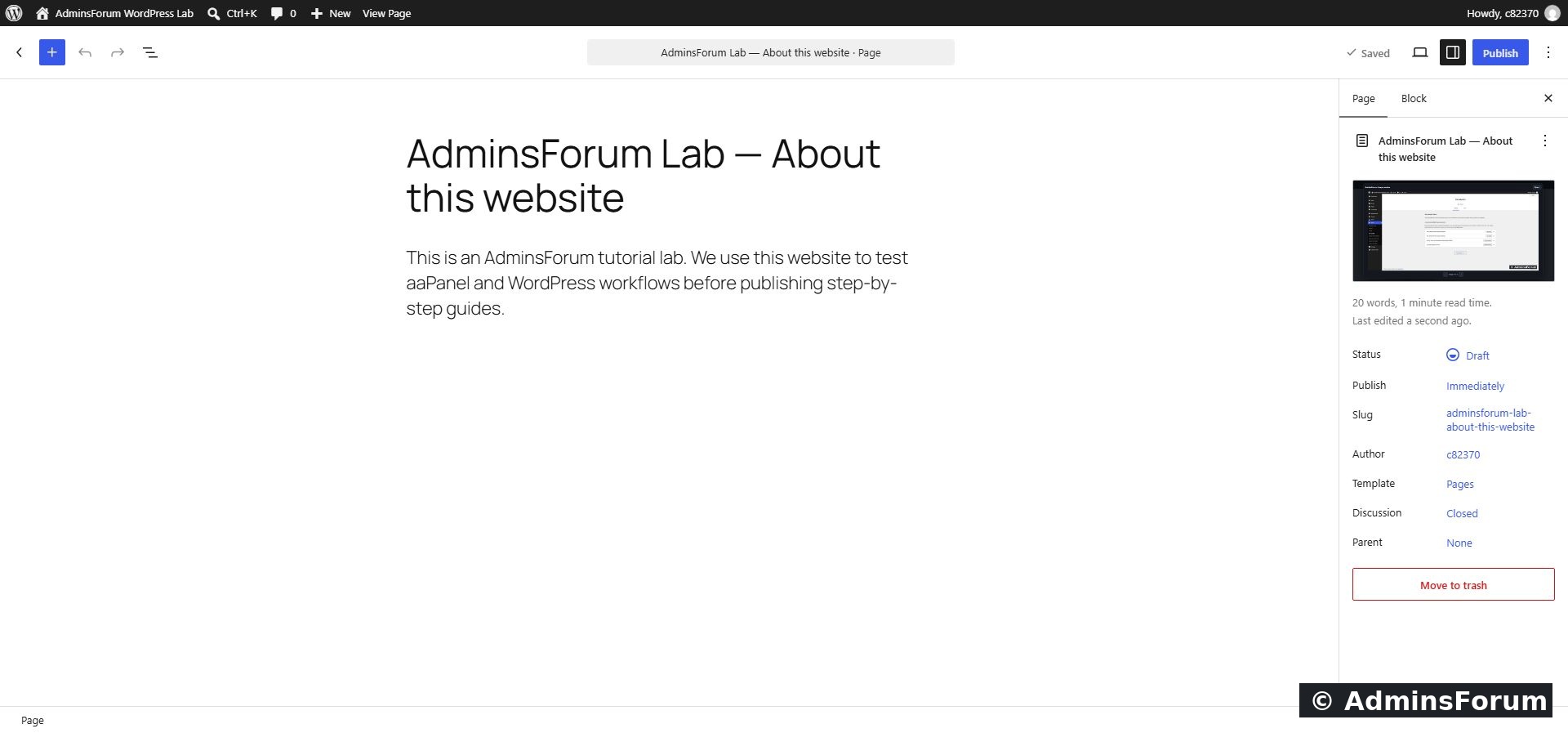 The saved editor shows the featured image and keeps the page status as Draft.