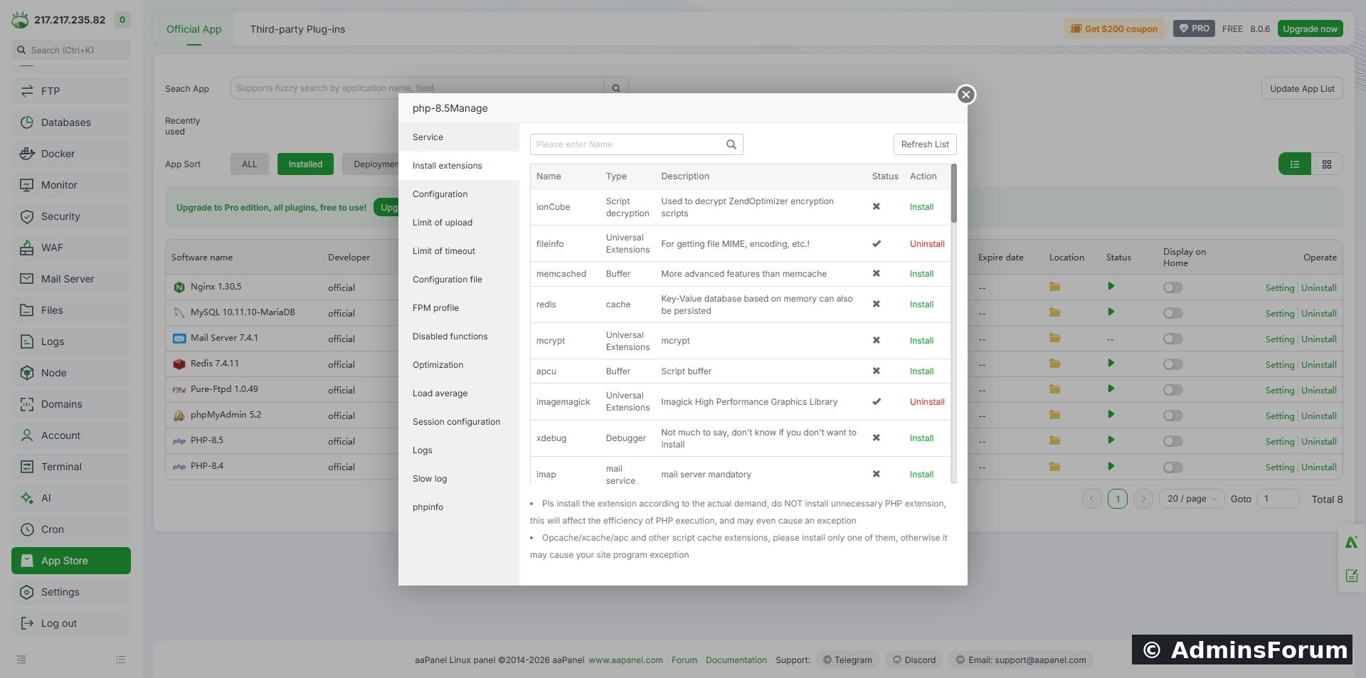 The refreshed PHP 8.5 extension list after installation.