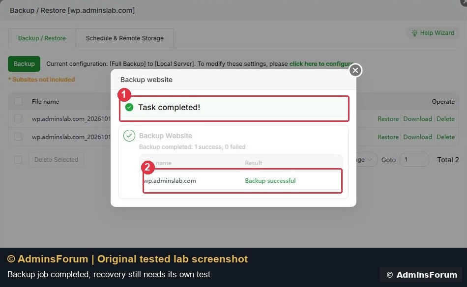 wp backup check completed branded